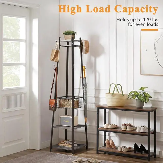 Alt view image 7 of 7 - Freestanding Coat Rack with 8 Hooks, Metal Basket and Storage Shelves, Industrial 18 x 18 x 72 Inches, Antique Brown