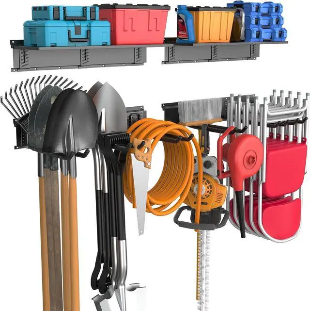 Main image of Wall Mount Heavy Duty Metal Tool Storage Rack with Storage Shelves, 11 Inch Rubber Coated Double Prong Hooks, Adjustable Garage Organizer for Shovels Rakes Ladders and Folding Chairs