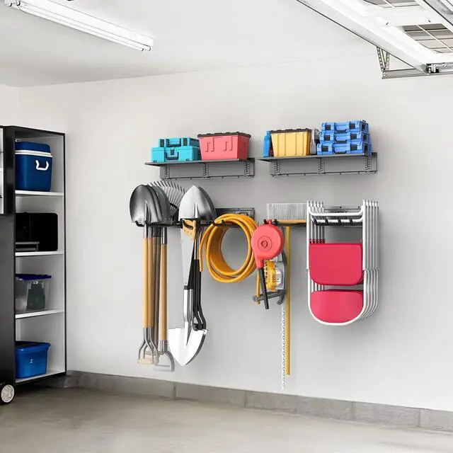 Alt view image 2 of 7 - Wall Mount Heavy Duty Metal Tool Storage Rack with Storage Shelves, 11 Inch Rubber Coated Double Prong Hooks, Adjustable Garage Organizer for Shovels Rakes Ladders and Folding Chairs