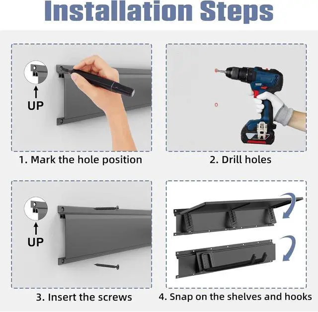 Alt view image 5 of 7 - Wall Mount Heavy Duty Metal Tool Storage Rack with Storage Shelves, 11 Inch Rubber Coated Double Prong Hooks, Adjustable Garage Organizer for Shovels Rakes Ladders and Folding Chairs