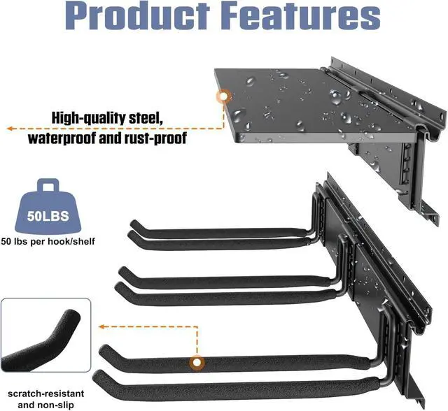 Alt view image 6 of 7 - Wall Mount Heavy Duty Metal Tool Storage Rack with Storage Shelves, 11 Inch Rubber Coated Double Prong Hooks, Adjustable Garage Organizer for Shovels Rakes Ladders and Folding Chairs