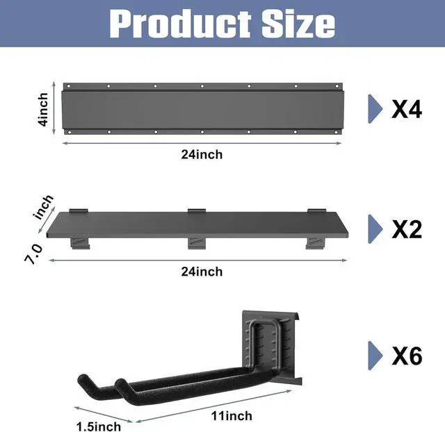 Alt view image 3 of 7 - Wall Mount Heavy Duty Metal Tool Storage Rack with Storage Shelves, 11 Inch Rubber Coated Double Prong Hooks, Adjustable Garage Organizer for Shovels Rakes Ladders and Folding Chairs