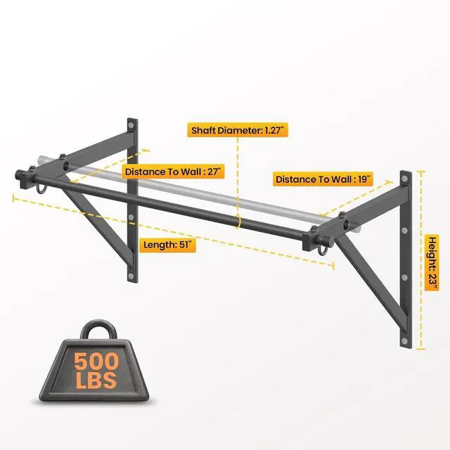 Alt view image 2 of 7 - 500LBS Capacity Wall Mounted Pull Up Bar, 45"/51" Chin Up Bar, Reinforced Thick Metal Joist Mounted Strength Training Bar with Adjustable Depth