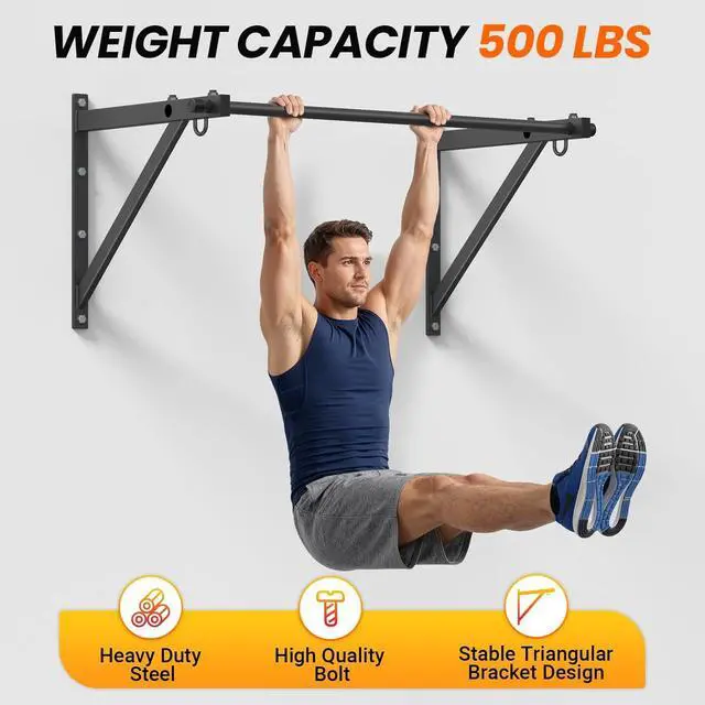 Alt view image 6 of 7 - 500LBS Capacity Wall Mounted Pull Up Bar, 45"/51" Chin Up Bar, Reinforced Thick Metal Joist Mounted Strength Training Bar with Adjustable Depth