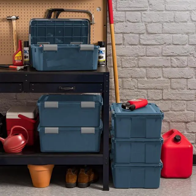 Alt view image 5 of 6 - 31 Qt Eco-Friendly Storage Bins with Lids 4 Pack, BPA-Free Plastic Gasket Boxes with Tight Latch Seal, Stackable Nestable Tote Tubs - Navy