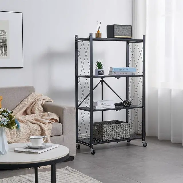 Alt view image 2 of 6 - 2 Pack 4 Tier Folding Metal Storage Shelves No Assembly Rolling Display Shelf with Swivel Wheels Rust Resistant Powder Coated Utility Shelving Unit for Home Kitchen Garage Craft Show