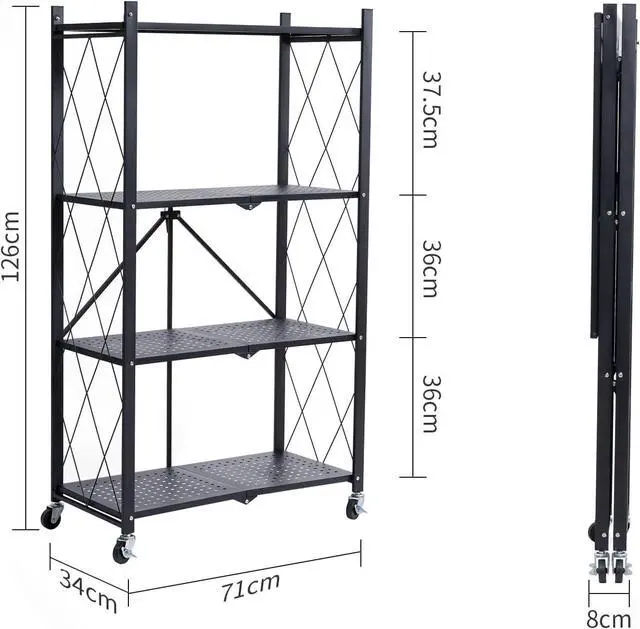 Alt view image 3 of 6 - 2 Pack 4 Tier Folding Metal Storage Shelves No Assembly Rolling Display Shelf with Swivel Wheels Rust Resistant Powder Coated Utility Shelving Unit for Home Kitchen Garage Craft Show