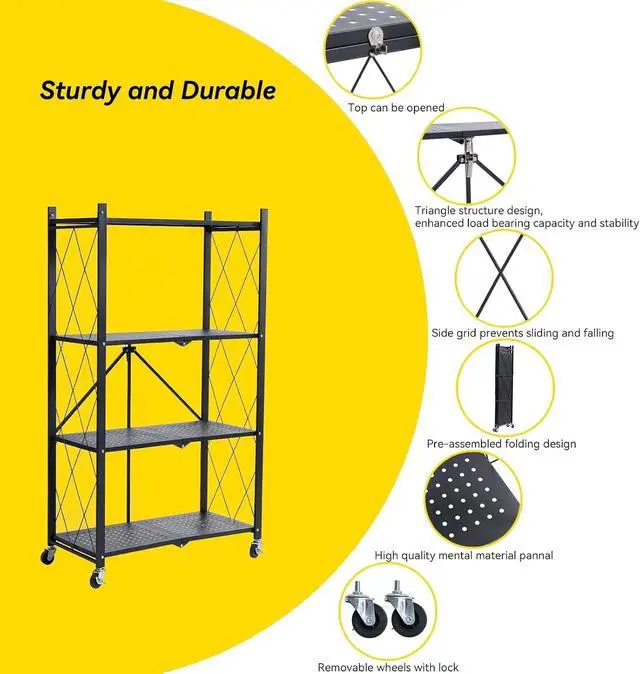 Alt view image 4 of 6 - 2 Pack 4 Tier Folding Metal Storage Shelves No Assembly Rolling Display Shelf with Swivel Wheels Rust Resistant Powder Coated Utility Shelving Unit for Home Kitchen Garage Craft Show