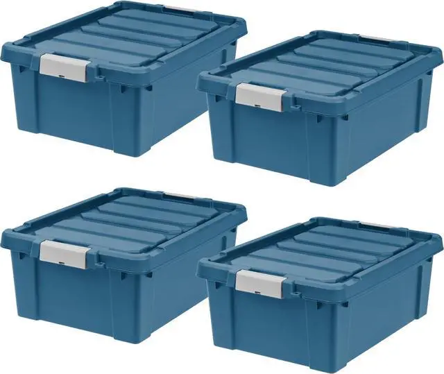 Main image of 4 Pack 12 Gallon Eco-Friendly Lockable Storage Bins with Lids Heavy Duty Stackable Containers Navy for Garage Organizing Moving Equipment Utility