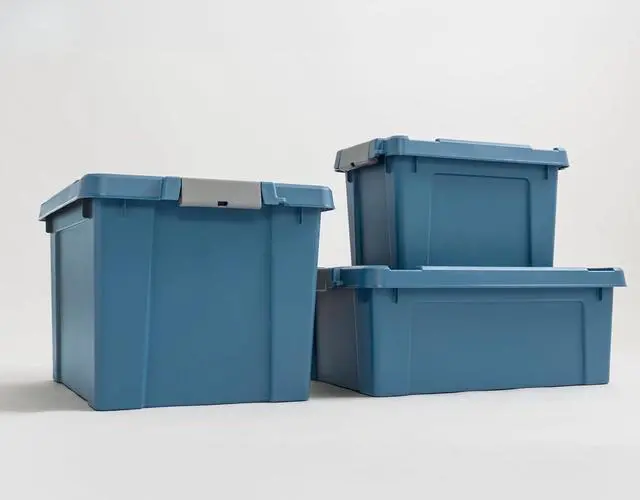 Alt view image 3 of 7 - 4 Pack 12 Gallon Eco-Friendly Lockable Storage Bins with Lids Heavy Duty Stackable Containers Navy for Garage Organizing Moving Equipment Utility