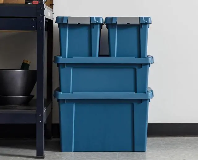 Alt view image 6 of 7 - 4 Pack 12 Gallon Eco-Friendly Lockable Storage Bins with Lids Heavy Duty Stackable Containers Navy for Garage Organizing Moving Equipment Utility