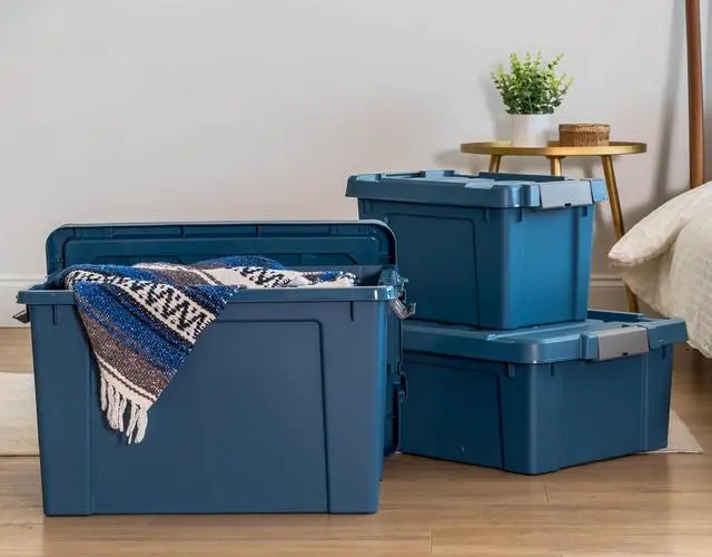 Alt view image 7 of 7 - 4 Pack 12 Gallon Eco-Friendly Lockable Storage Bins with Lids Heavy Duty Stackable Containers Navy for Garage Organizing Moving Equipment Utility