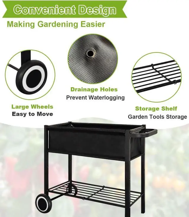 Alt view image 6 of 7 - Elevated Raised Garden Bed on Wheels with Legs, Powder Coated Frame Fabric Planter Box, Standing Mobile Planter for Herbs Vegetables Flowers on Patio Backyard Outdoor