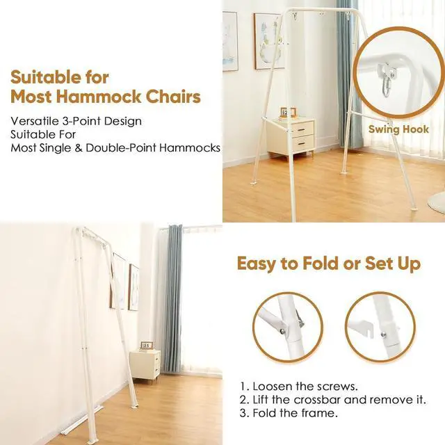 Alt view image 4 of 5 - Foldable Hammock Chair Stand, Heavy Duty White Iron Frame, 300 LBS Capacity, Portable Easy Assemble & Store, Indoor Outdoor Use (Chair Not Included)