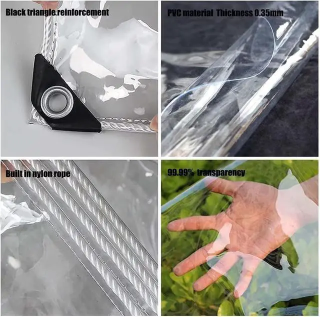 Alt view image 3 of 7 - 8'x10' Clear Waterproof Vinyl Tarp Curtain, 0.35mm Transparent PVC Cover with Grommets, Windproof Anti-Tear for Patio Pergola Garden Canopy