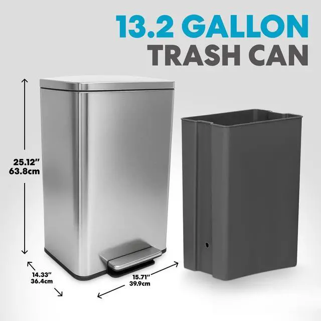 Alt view image 2 of 7 - 50 Liter 13.2 Gallon Stainless Steel Step Trash Can Fingerprint Resistant Soft Close Lid Built-In Odor Filter Hands Free Waste Bin for Kitchen Dorm Home