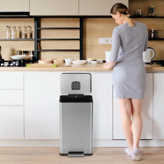 Alt view image 7 of 7 - 50 Liter 13.2 Gallon Stainless Steel Step Trash Can Fingerprint Resistant Soft Close Lid Built-In Odor Filter Hands Free Waste Bin for Kitchen Dorm Home