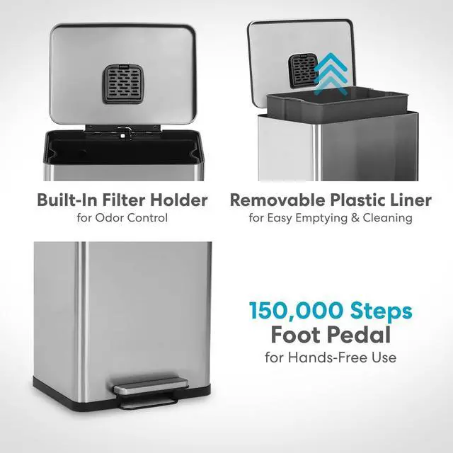 Alt view image 4 of 7 - 50 Liter 13.2 Gallon Stainless Steel Step Trash Can Fingerprint Resistant Soft Close Lid Built-In Odor Filter Hands Free Waste Bin for Kitchen Dorm Home