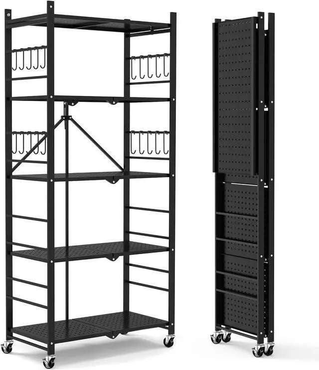 Main image of 5 Tier Collapsible Wire Storage Shelf Heavy Duty Metal Folding Organizer Rack with 20 Hooks Lockable Wheels Adjustable Feet, 440 Lbs Total Capacity Freestanding Shelving Unit for Garage Kitchen Home