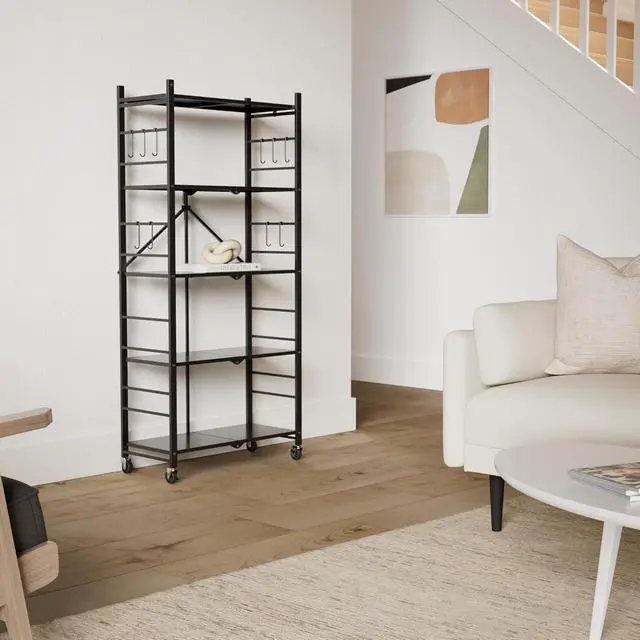 Alt view image 2 of 7 - 5 Tier Collapsible Wire Storage Shelf Heavy Duty Metal Folding Organizer Rack with 20 Hooks Lockable Wheels Adjustable Feet, 440 Lbs Total Capacity Freestanding Shelving Unit for Garage Kitchen Home