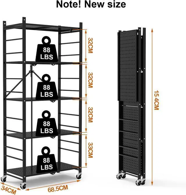 Alt view image 3 of 7 - 5 Tier Collapsible Wire Storage Shelf Heavy Duty Metal Folding Organizer Rack with 20 Hooks Lockable Wheels Adjustable Feet, 440 Lbs Total Capacity Freestanding Shelving Unit for Garage Kitchen Home