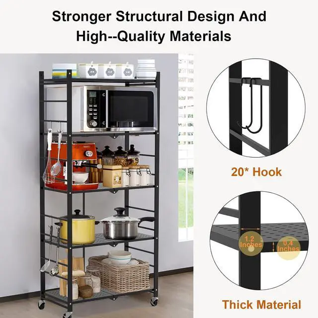 Alt view image 5 of 7 - 5 Tier Collapsible Wire Storage Shelf Heavy Duty Metal Folding Organizer Rack with 20 Hooks Lockable Wheels Adjustable Feet, 440 Lbs Total Capacity Freestanding Shelving Unit for Garage Kitchen Home