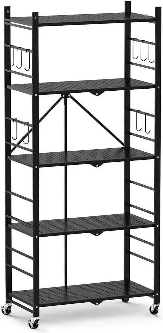 Alt view image 7 of 7 - 5 Tier Collapsible Wire Storage Shelf Heavy Duty Metal Folding Organizer Rack with 20 Hooks Lockable Wheels Adjustable Feet, 440 Lbs Total Capacity Freestanding Shelving Unit for Garage Kitchen Home