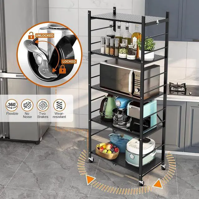 Alt view image 6 of 7 - 5 Tier Collapsible Wire Storage Shelf Heavy Duty Metal Folding Organizer Rack with 20 Hooks Lockable Wheels Adjustable Feet, 440 Lbs Total Capacity Freestanding Shelving Unit for Garage Kitchen Home