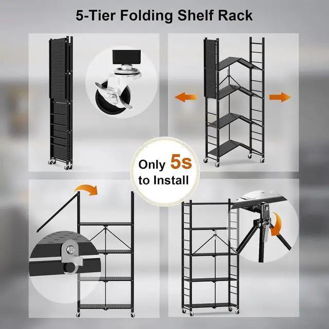 Alt view image 4 of 7 - 5 Tier Collapsible Wire Storage Shelf Heavy Duty Metal Folding Organizer Rack with 20 Hooks Lockable Wheels Adjustable Feet, 440 Lbs Total Capacity Freestanding Shelving Unit for Garage Kitchen Home