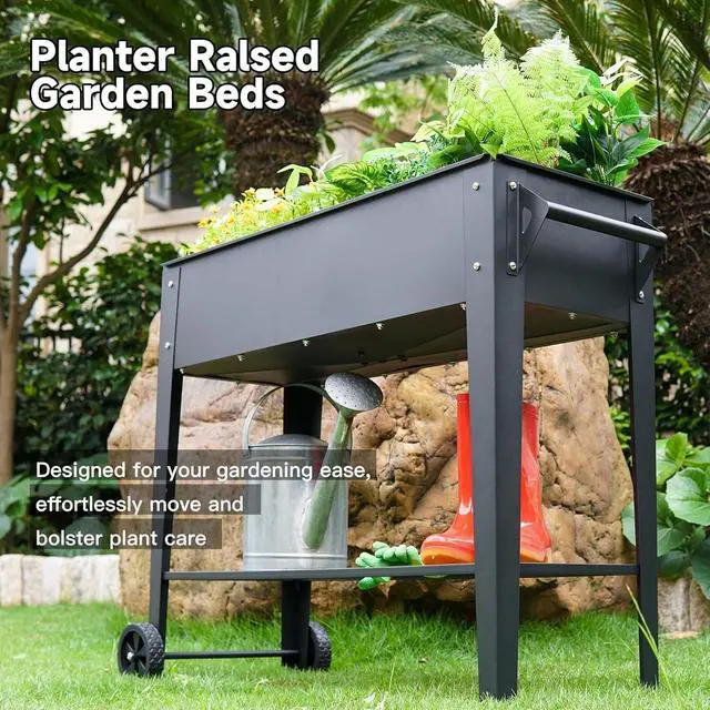 Alt view image 6 of 6 - 32" Tall Mobile Raised Garden Bed with Wheels & Storage Shelf, 400LBS Capacity Anti-Rust Steel Planter Box for Vegetables Herbs, Outdoor Patio Balcony Backyard Use