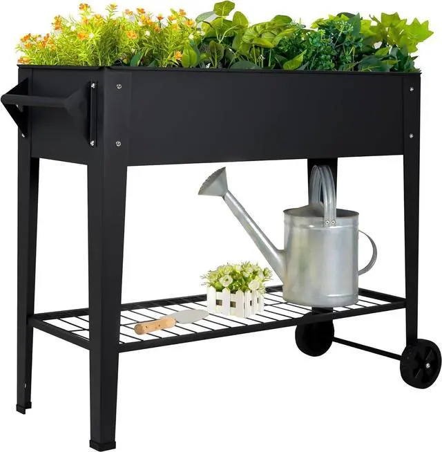 Main image of 32" Tall Mobile Raised Garden Bed with Wheels & Storage Shelf, 400LBS Capacity Anti-Rust Steel Planter Box for Vegetables Herbs, Outdoor Patio Balcony Backyard Use