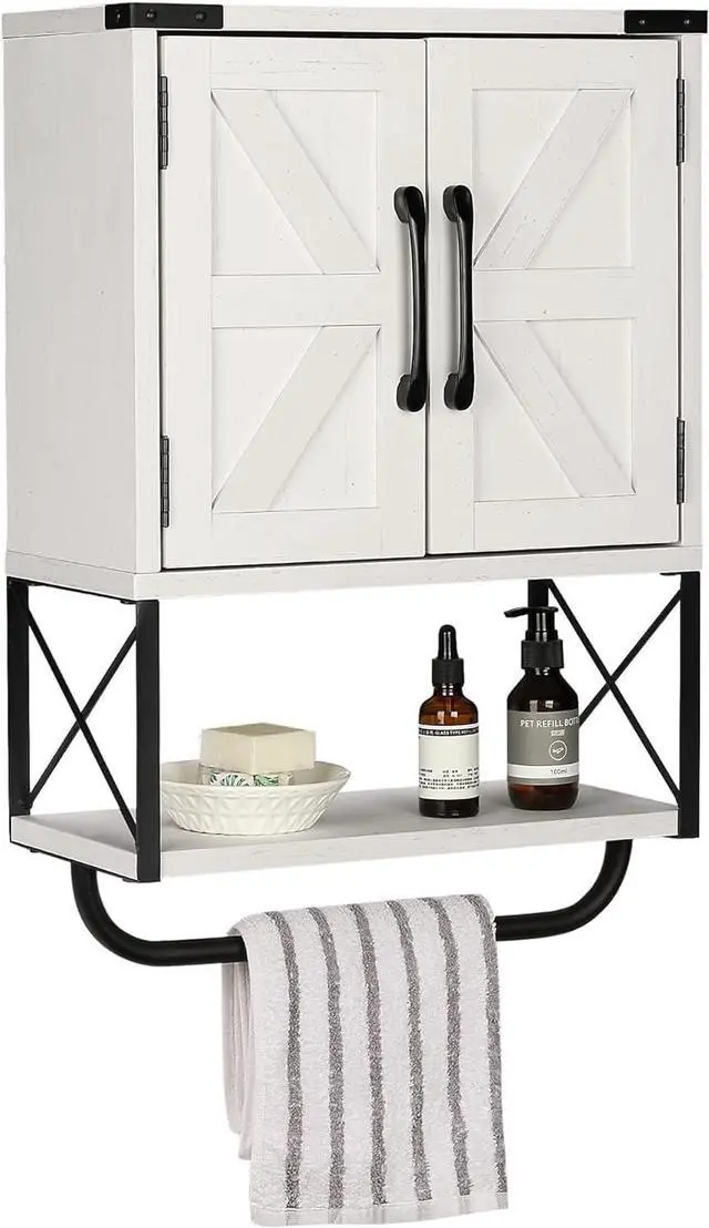 Main image of Rustic Farmhouse Wall Mount Wood Storage Cabinet with Sliding Barn Doors, Adjustable Inner Shelf & Detachable Towel Bar, 3-Tier Wall Medicine Organizer for Bathroom Living Room, Vintage White