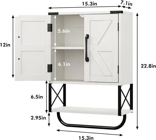 Alt view image 2 of 7 - Rustic Farmhouse Wall Mount Wood Storage Cabinet with Sliding Barn Doors, Adjustable Inner Shelf & Detachable Towel Bar, 3-Tier Wall Medicine Organizer for Bathroom Living Room, Vintage White