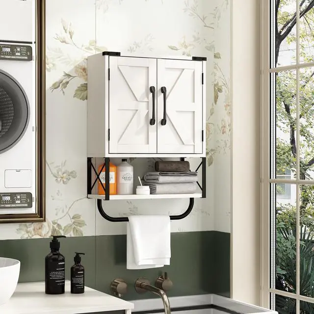 Alt view image 5 of 7 - Rustic Farmhouse Wall Mount Wood Storage Cabinet with Sliding Barn Doors, Adjustable Inner Shelf & Detachable Towel Bar, 3-Tier Wall Medicine Organizer for Bathroom Living Room, Vintage White