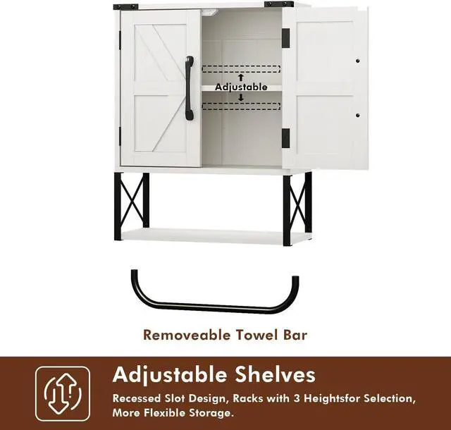 Alt view image 7 of 7 - Rustic Farmhouse Wall Mount Wood Storage Cabinet with Sliding Barn Doors, Adjustable Inner Shelf & Detachable Towel Bar, 3-Tier Wall Medicine Organizer for Bathroom Living Room, Vintage White