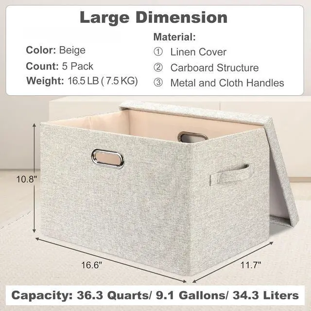 Alt view image 2 of 7 - 36 Quart Collapsible Stackable Storage Bins with Lids 5 Pack, 17" Beige Linen Fabric Closet Organizer Boxes, 17x12x11 Storage Cube Baskets for Bedroom Office