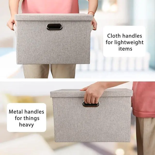 Alt view image 4 of 7 - 36 Quart Collapsible Stackable Storage Bins with Lids 5 Pack, 17" Beige Linen Fabric Closet Organizer Boxes, 17x12x11 Storage Cube Baskets for Bedroom Office