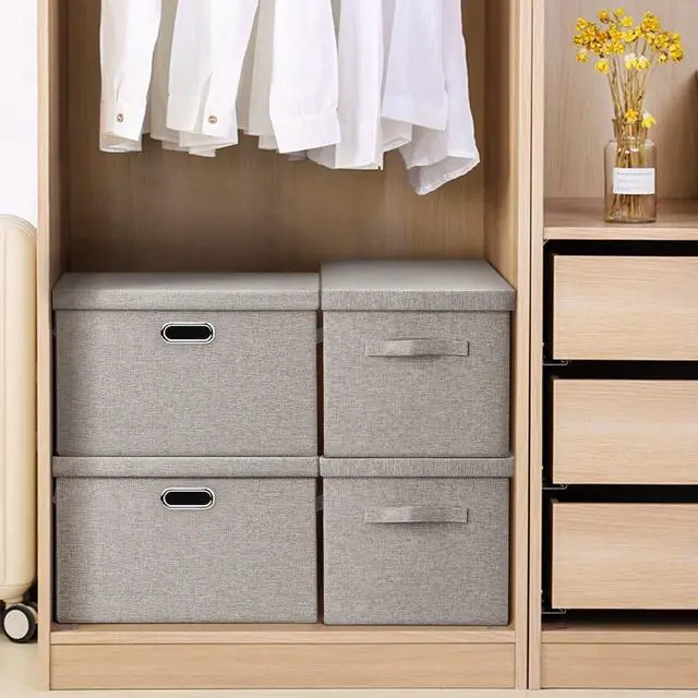 Alt view image 6 of 7 - 36 Quart Collapsible Stackable Storage Bins with Lids 5 Pack, 17" Beige Linen Fabric Closet Organizer Boxes, 17x12x11 Storage Cube Baskets for Bedroom Office