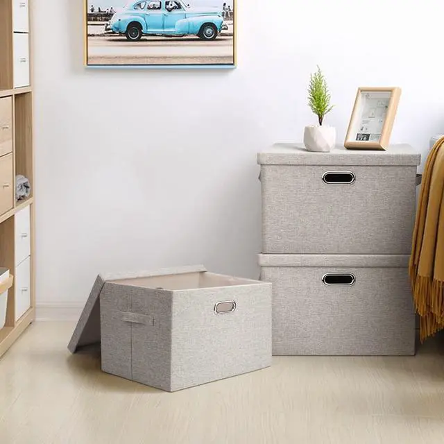 Alt view image 7 of 7 - 36 Quart Collapsible Stackable Storage Bins with Lids 5 Pack, 17" Beige Linen Fabric Closet Organizer Boxes, 17x12x11 Storage Cube Baskets for Bedroom Office