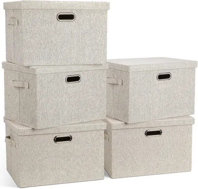 Main image of 36 Quart Collapsible Stackable Storage Bins with Lids 5 Pack, 17" Beige Linen Fabric Closet Organizer Boxes, 17x12x11 Storage Cube Baskets for Bedroom Office