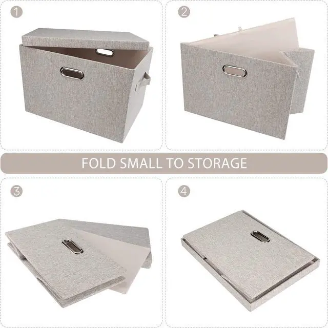 Alt view image 5 of 7 - 36 Quart Collapsible Stackable Storage Bins with Lids 5 Pack, 17" Beige Linen Fabric Closet Organizer Boxes, 17x12x11 Storage Cube Baskets for Bedroom Office