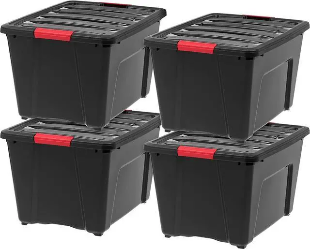 Main image of 4 Pack 51L (54QT) BPA-Free Plastic Storage Box with Lid Latches Pull Handle Nestable Stackable Durable Containers Black for Garage Organizing