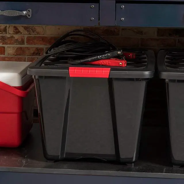 Alt view image 4 of 6 - 4 Pack 51L (54QT) BPA-Free Plastic Storage Box with Lid Latches Pull Handle Nestable Stackable Durable Containers Black for Garage Organizing