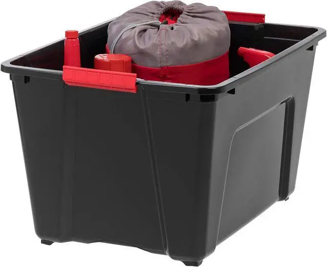 Alt view image 6 of 6 - 4 Pack 51L (54QT) BPA-Free Plastic Storage Box with Lid Latches Pull Handle Nestable Stackable Durable Containers Black for Garage Organizing