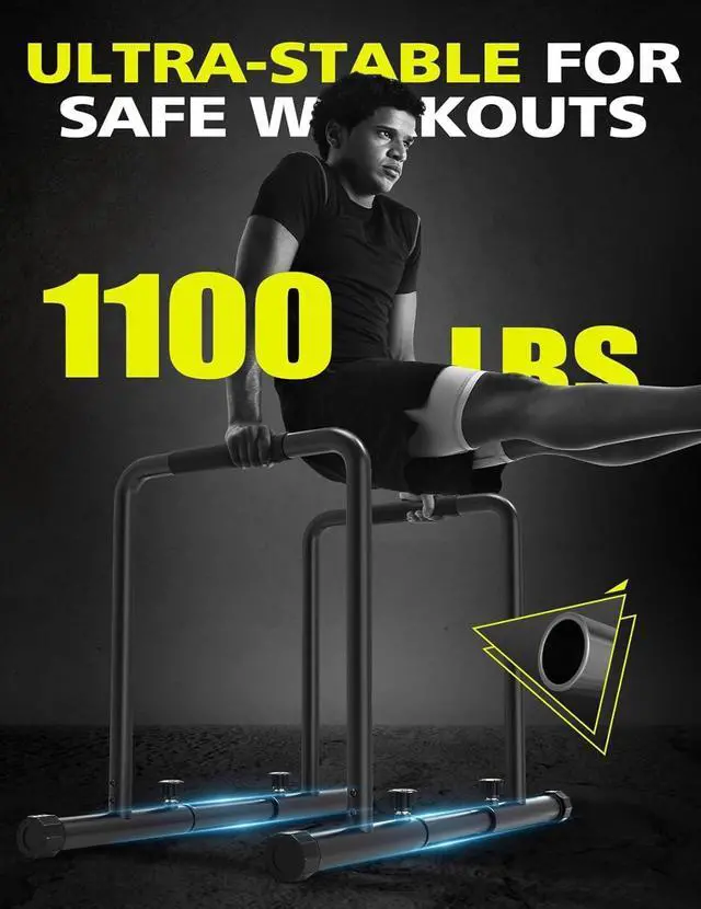 Alt view image 2 of 7 - 1100LBS Adjustable Dip Bar Heavy Duty Steel Dip Station, Parallel Bars with Dual Safety Connectors, Freestanding Dip Equipment for Calisthenics Full Body Strength Training
