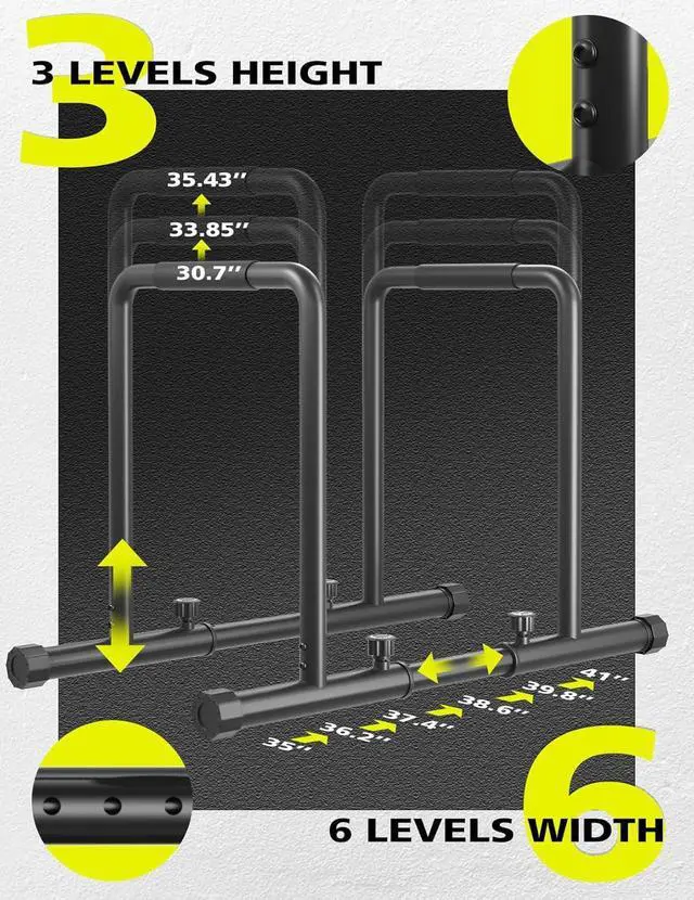 Alt view image 3 of 7 - 1100LBS Adjustable Dip Bar Heavy Duty Steel Dip Station, Parallel Bars with Dual Safety Connectors, Freestanding Dip Equipment for Calisthenics Full Body Strength Training
