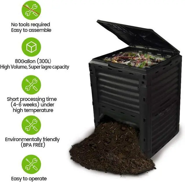 Alt view image 2 of 7 - 80 Gallon 300L Outdoor Compost Bin, Weather Resistant Aerated Composter with Access Hatch, Fast Decomposition Large Capacity Organic Waste Bin for Yard Garden Natural Fertilizer Production