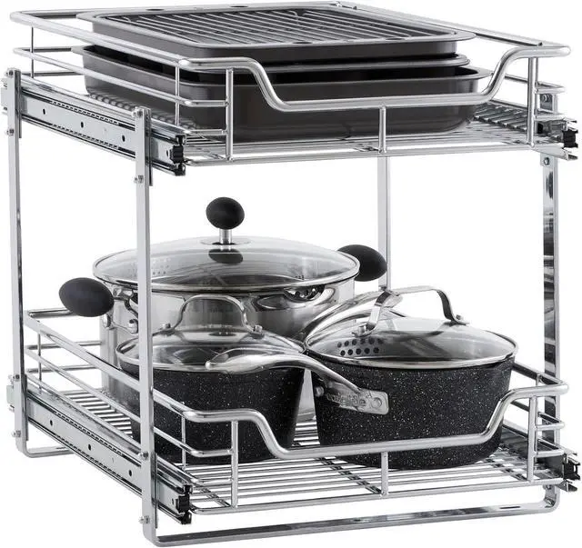 Main image of Chrome Plated Steel Dual Tier Slide Out Storage Organizer 20.75 x 15 x 16.5 Inch Cabinet Pantry Under Sink Storage Rack