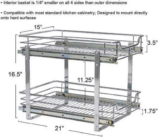 Alt view image 3 of 5 - Chrome Plated Steel Dual Tier Slide Out Storage Organizer 20.75 x 15 x 16.5 Inch Cabinet Pantry Under Sink Storage Rack