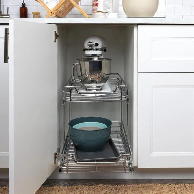 Alt view image 2 of 5 - Chrome Plated Steel Dual Tier Slide Out Storage Organizer 20.75 x 15 x 16.5 Inch Cabinet Pantry Under Sink Storage Rack
